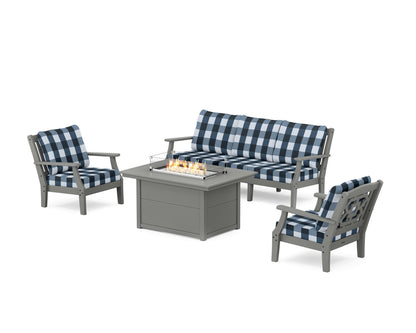 Martha Stewart by POLYWOOD® Chinoiserie Deep Seating Fire Pit Table Set in Slate Grey / Buffalo Plaid Marine Indigo