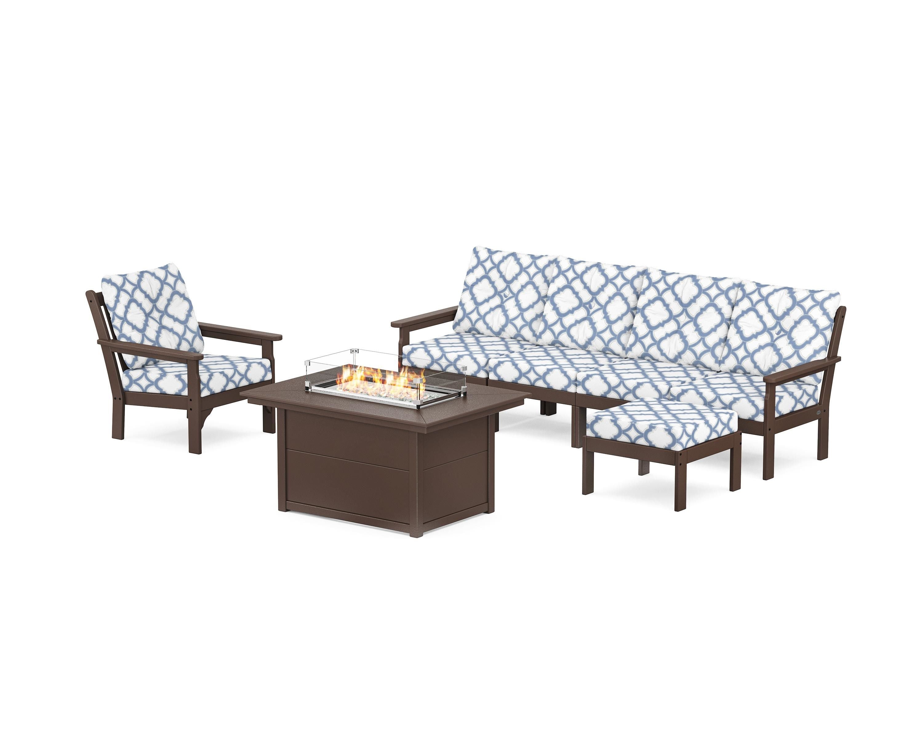 POLYWOOD® Vineyard Sectional Lounge and Fire Pit Set in Mahogany / Trellis Sky Blue
