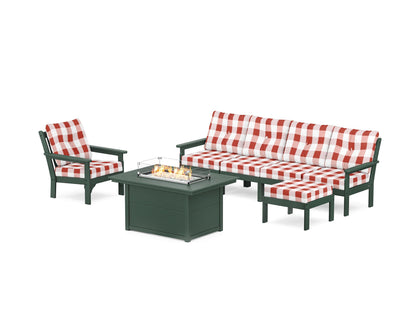 POLYWOOD® Vineyard Sectional Lounge and Fire Pit Set in Green / Buffalo Plaid Crimson