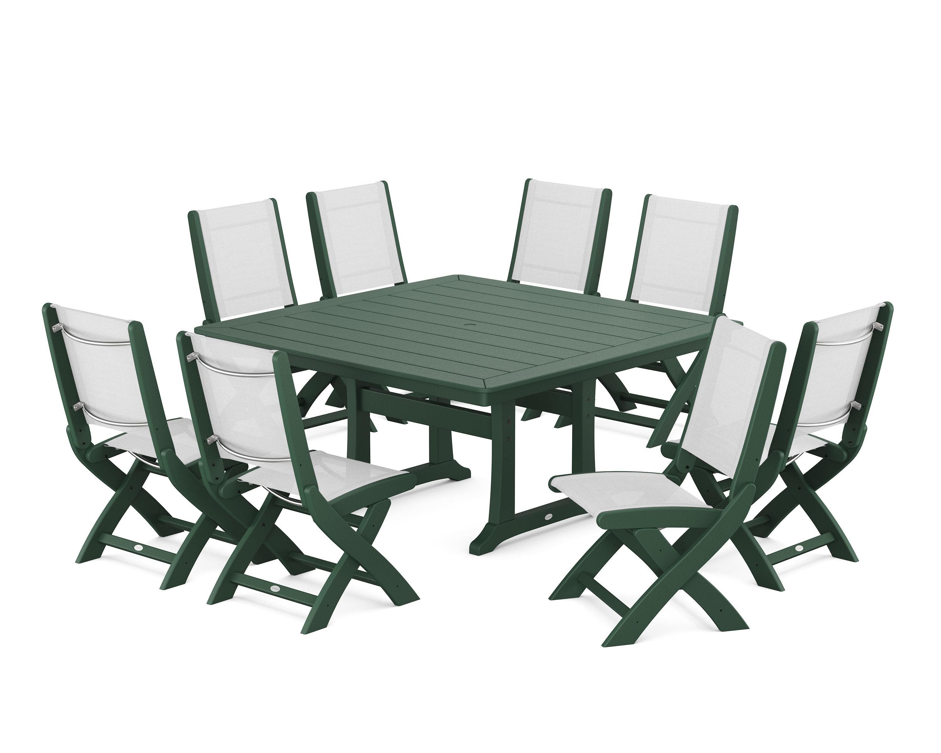 POLYWOOD® Coastal Folding Side Chair 9-Piece Dining Set with Trestle Legs in Green / White Sling