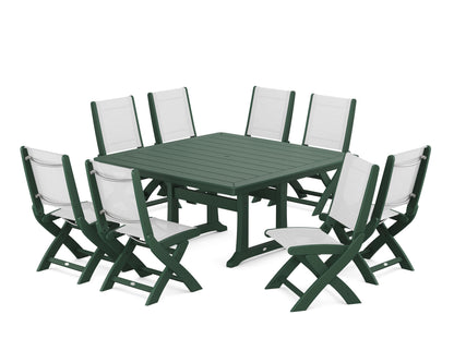 POLYWOOD® Coastal Folding Side Chair 9-Piece Dining Set with Trestle Legs in Green / White Sling