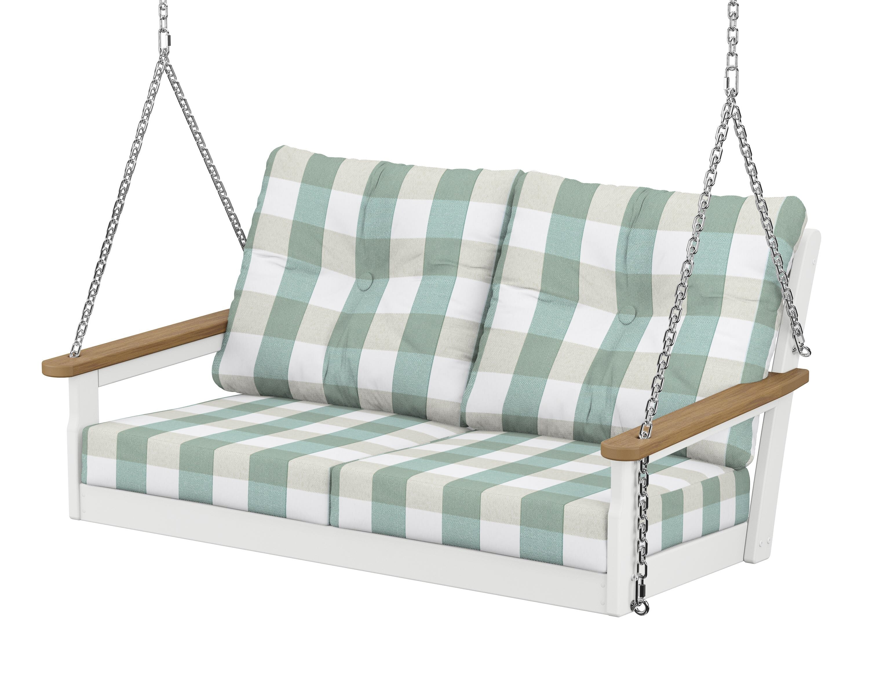 POLYWOOD® Vineyard Deep Seating Swing in White / Natural / Buffalo Plaid Glacier Spa