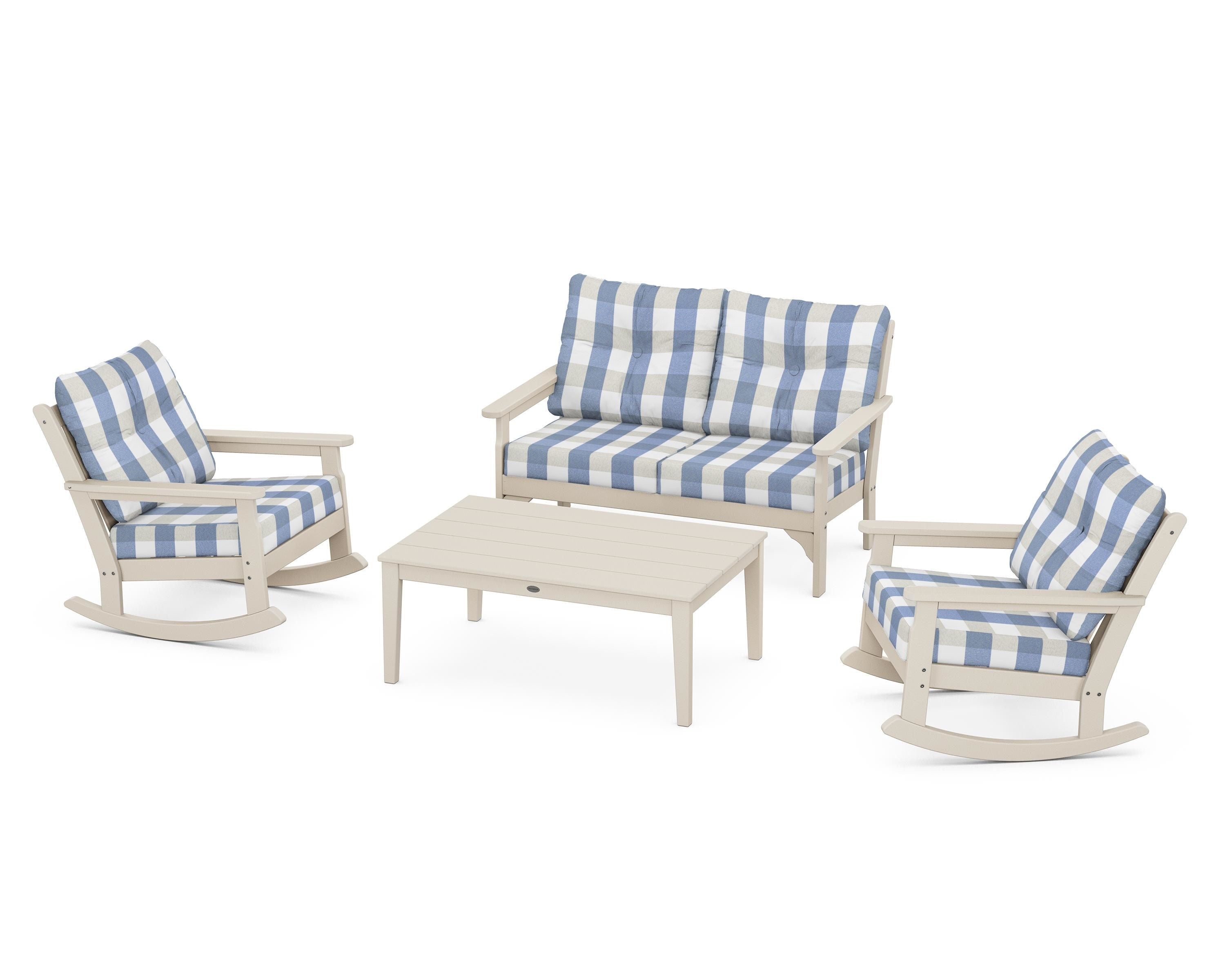 POLYWOOD® Vineyard 4-Piece Deep Seating Rocking Chair Set in Sand / Buffalo Plaid Sky Blue
