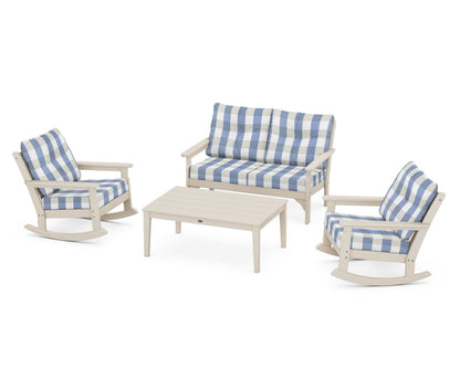 POLYWOOD® Vineyard 4-Piece Deep Seating Rocking Chair Set in Sand / Buffalo Plaid Sky Blue