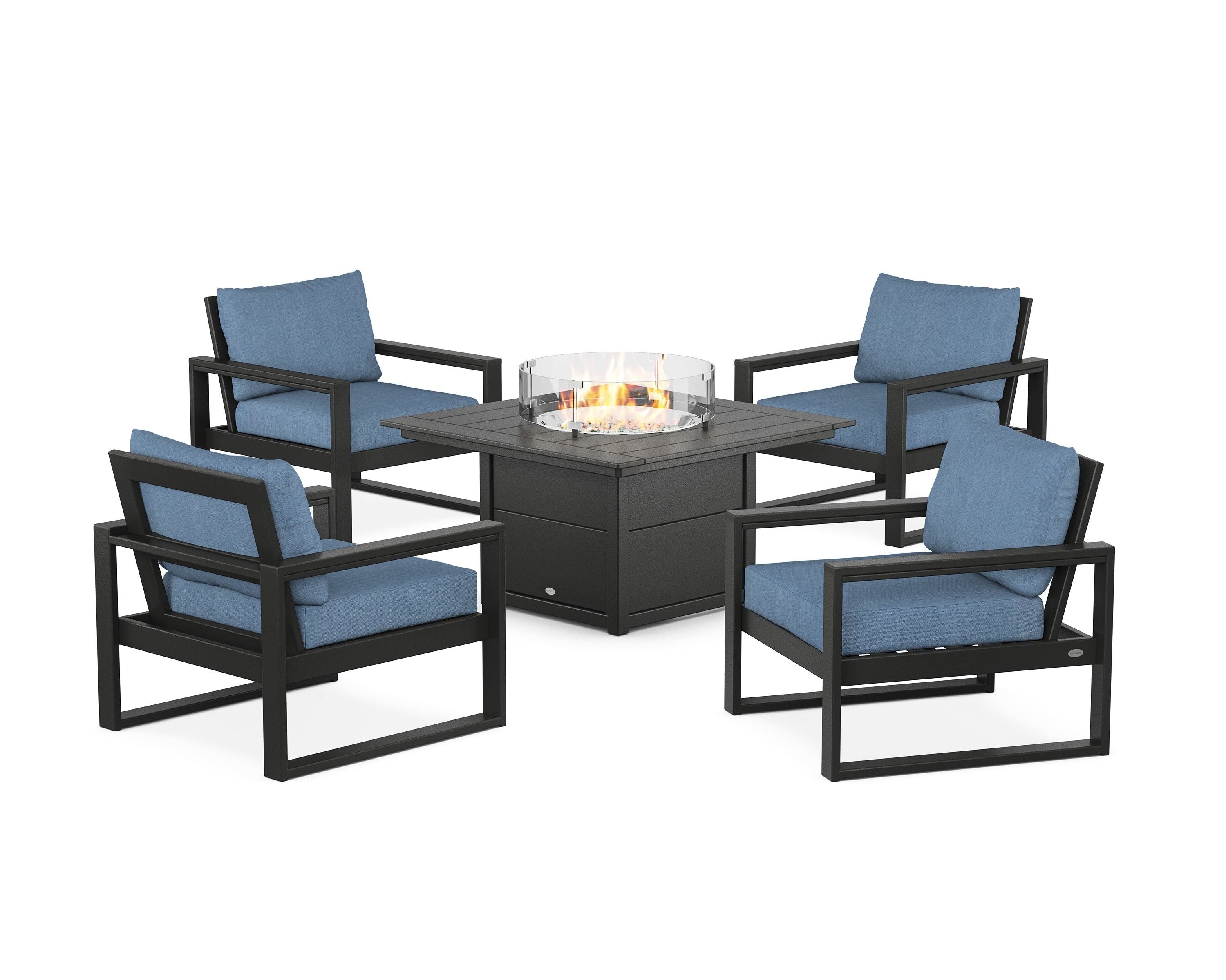 POLYWOOD® EDGE Sectional 5-Piece Deep Seating Set with Fire Pit Table in Black / Sky Blue