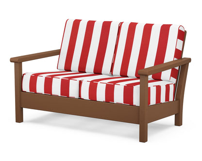 POLYWOOD® Harbour Deep Seating Loveseat in Teak / Cabana Stripe Crimson