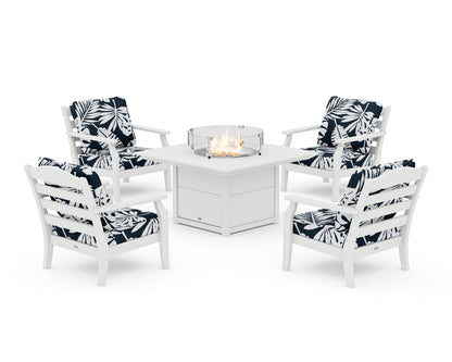 Draper James™ by  POLYWOOD® Savannah 5-Piece Deep Seating Set with Fire Pit Table in White / Leaf Marine Indigo