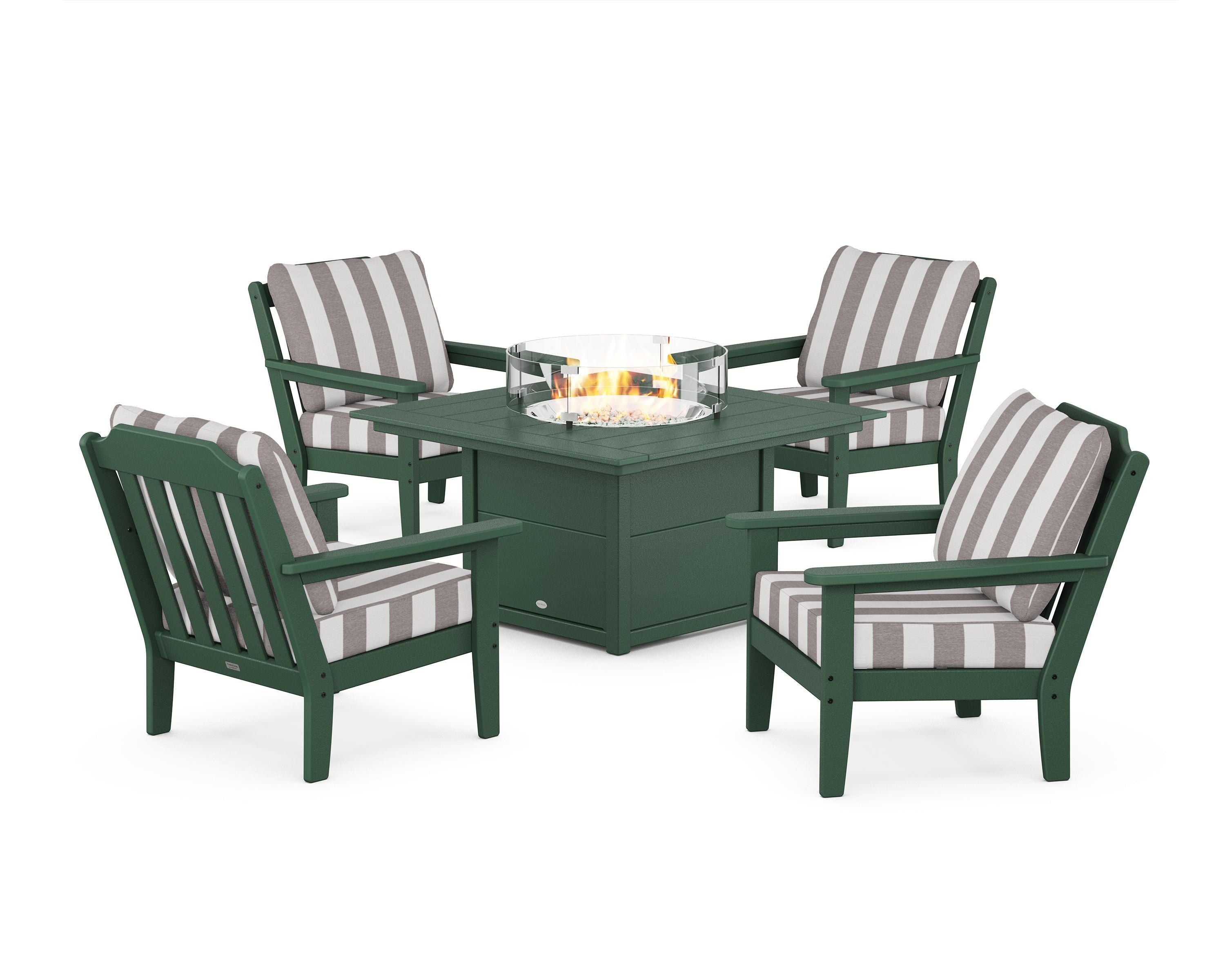 Country Living Cottage 5-Piece Deep Seating Set with Fire Pit Table in Green / Cabana Stripe Grey Mist