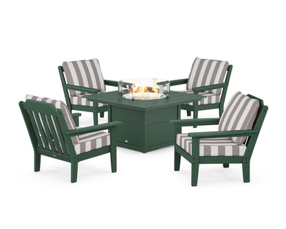 Country Living Cottage 5-Piece Deep Seating Set with Fire Pit Table in Green / Cabana Stripe Grey Mist