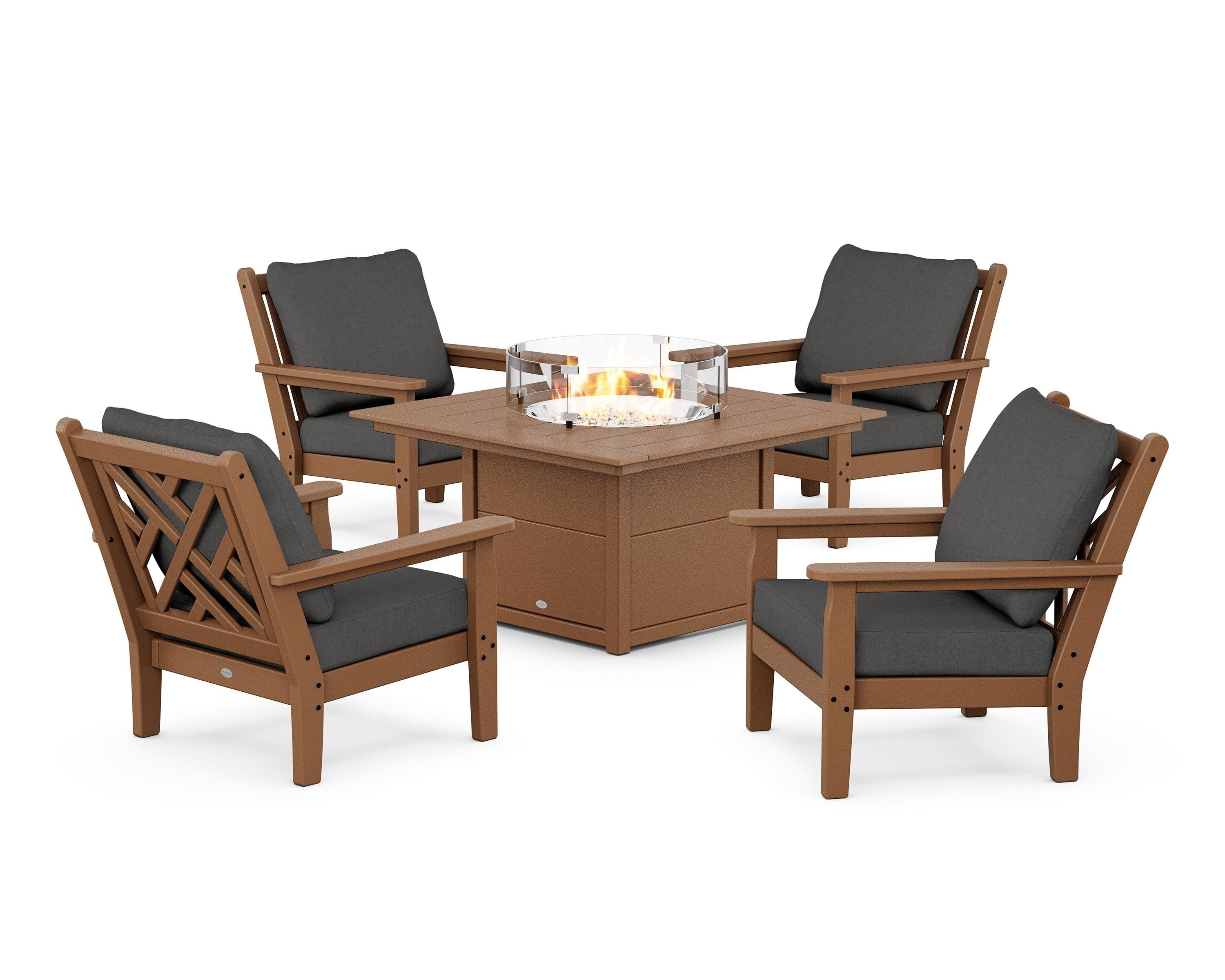 POLYWOOD® Chippendale 5-Piece Deep Seating Set with Fire Pit Table in Teak / Spectrum Carbon