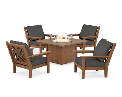 POLYWOOD® Chippendale 5-Piece Deep Seating Set with Fire Pit Table in Teak / Spectrum Carbon