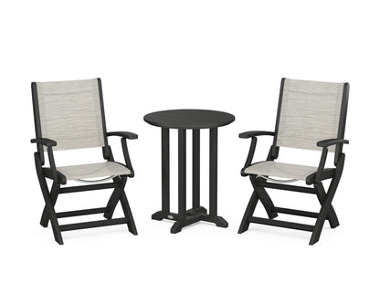 POLYWOOD® Coastal Folding 3-Piece Round Bistro Dining Set in Black / Birch Sling