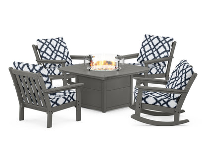 POLYWOOD® Vineyard 5-Piece Deep Seating Rocking Chair Conversation Set with Fire Pit Table in Slate Grey / Trellis Marine Indigo