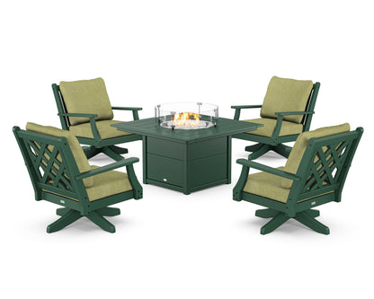 Country Living Wovendale 5-Piece Deep Seating Swivel Conversation Set with Fire Pit Table in Green / Chartreuse Boucle