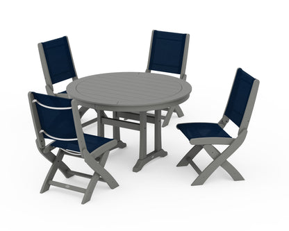 POLYWOOD® Coastal Folding Side Chair 5-Piece Round Dining Set With Trestle Legs in Slate Grey / Navy Blue Sling
