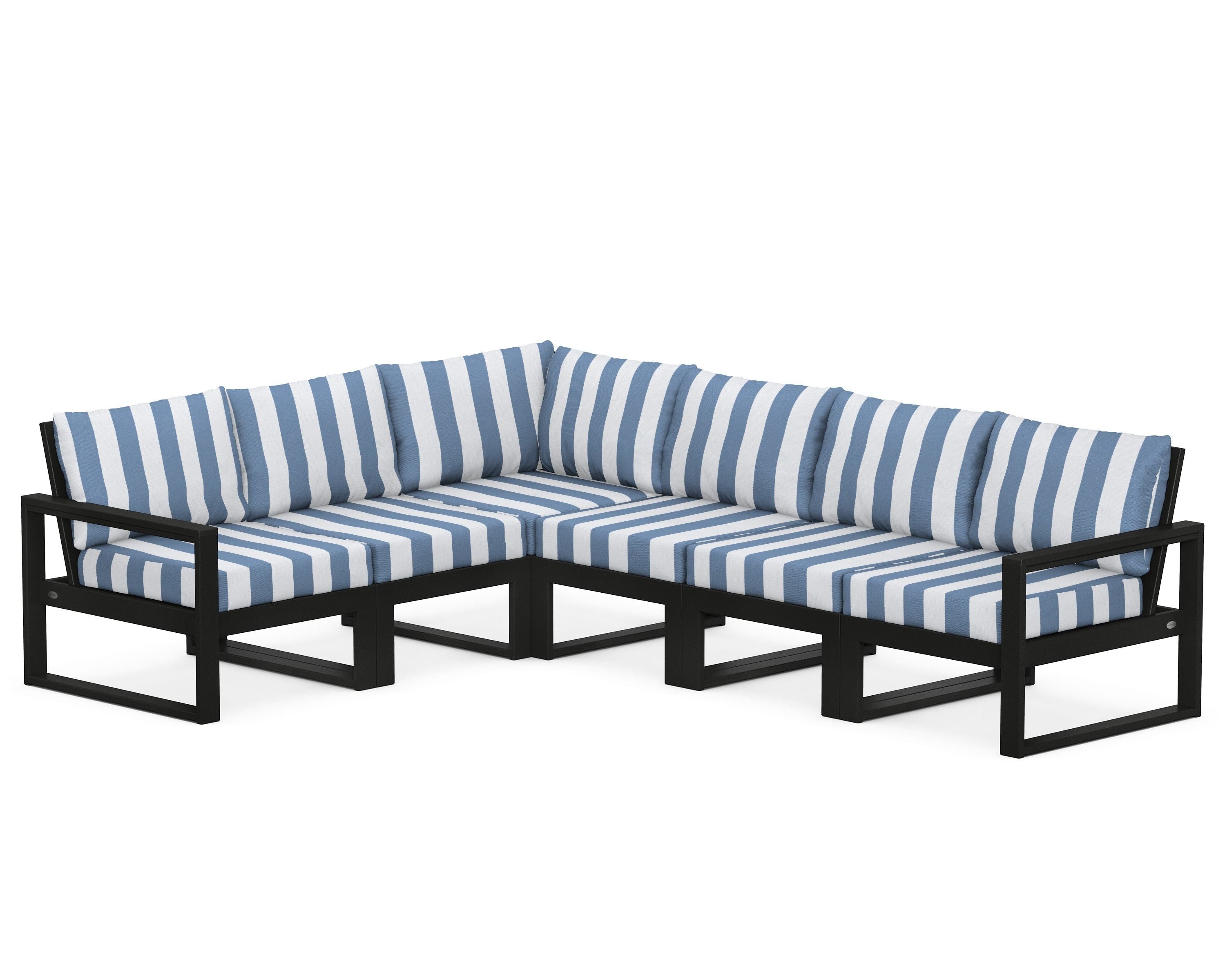 POLYWOOD® EDGE 6-Piece Modular Deep Seating Set in Black / Cabana Stripe Sky Blue