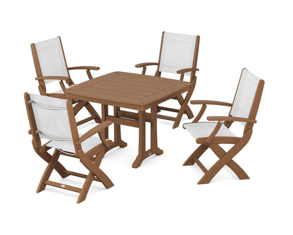 POLYWOOD® Coastal Folding Chair 5-Piece Dining Set with Trestle Legs in Teak / White Sling