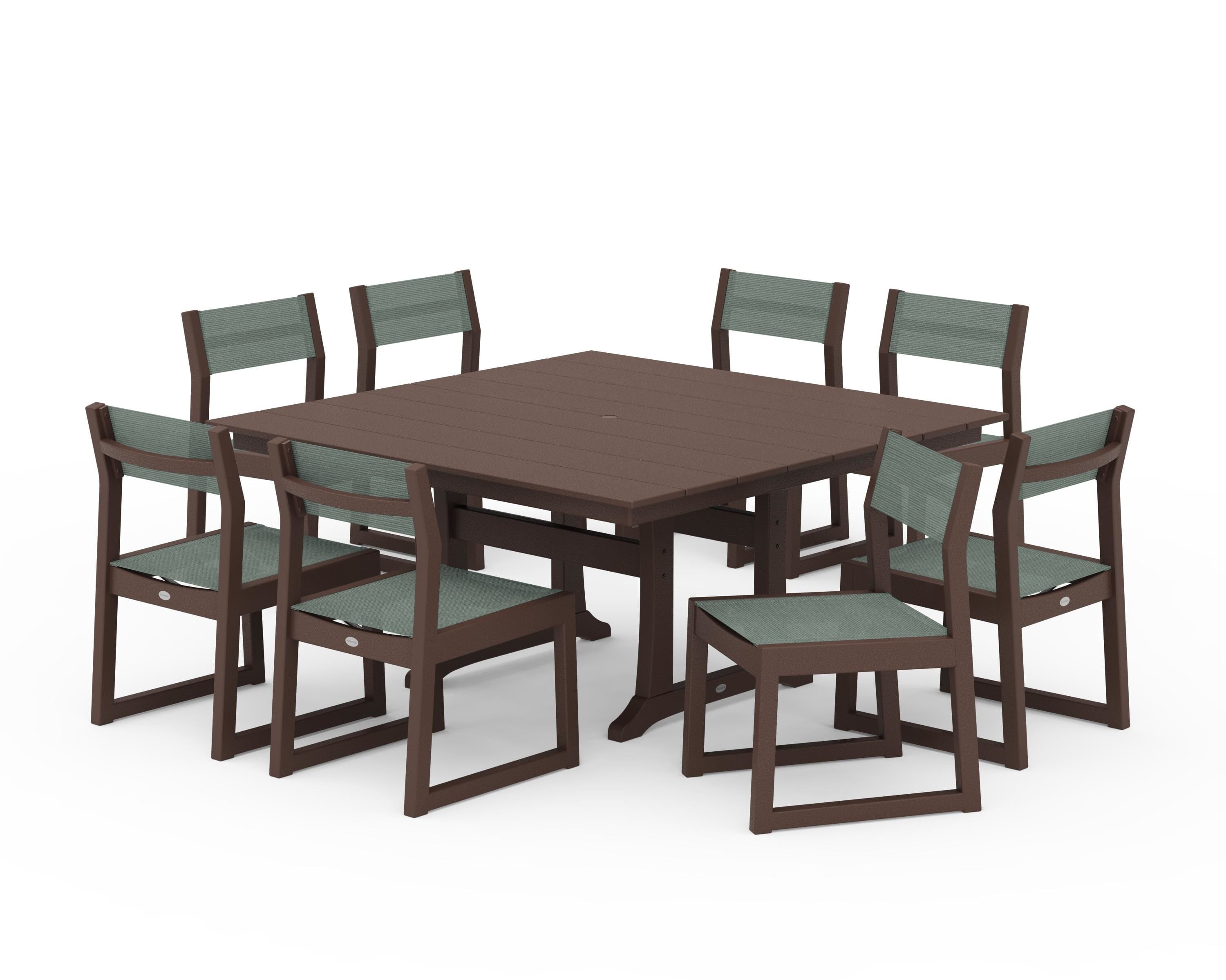 POLYWOOD® EDGE Sling Side Chair 9-Piece Farmhouse Trestle Dining Set in Mahogany / Dupioni Sea Mist Sling