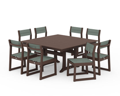 POLYWOOD® EDGE Sling Side Chair 9-Piece Farmhouse Trestle Dining Set in Mahogany / Dupioni Sea Mist Sling