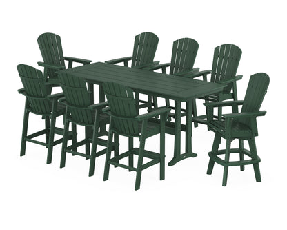 POLYWOOD® Nautical Curveback Adirondack Swivel Chair 9-Piece Farmhouse Bar Set with Trestle Legs in Green