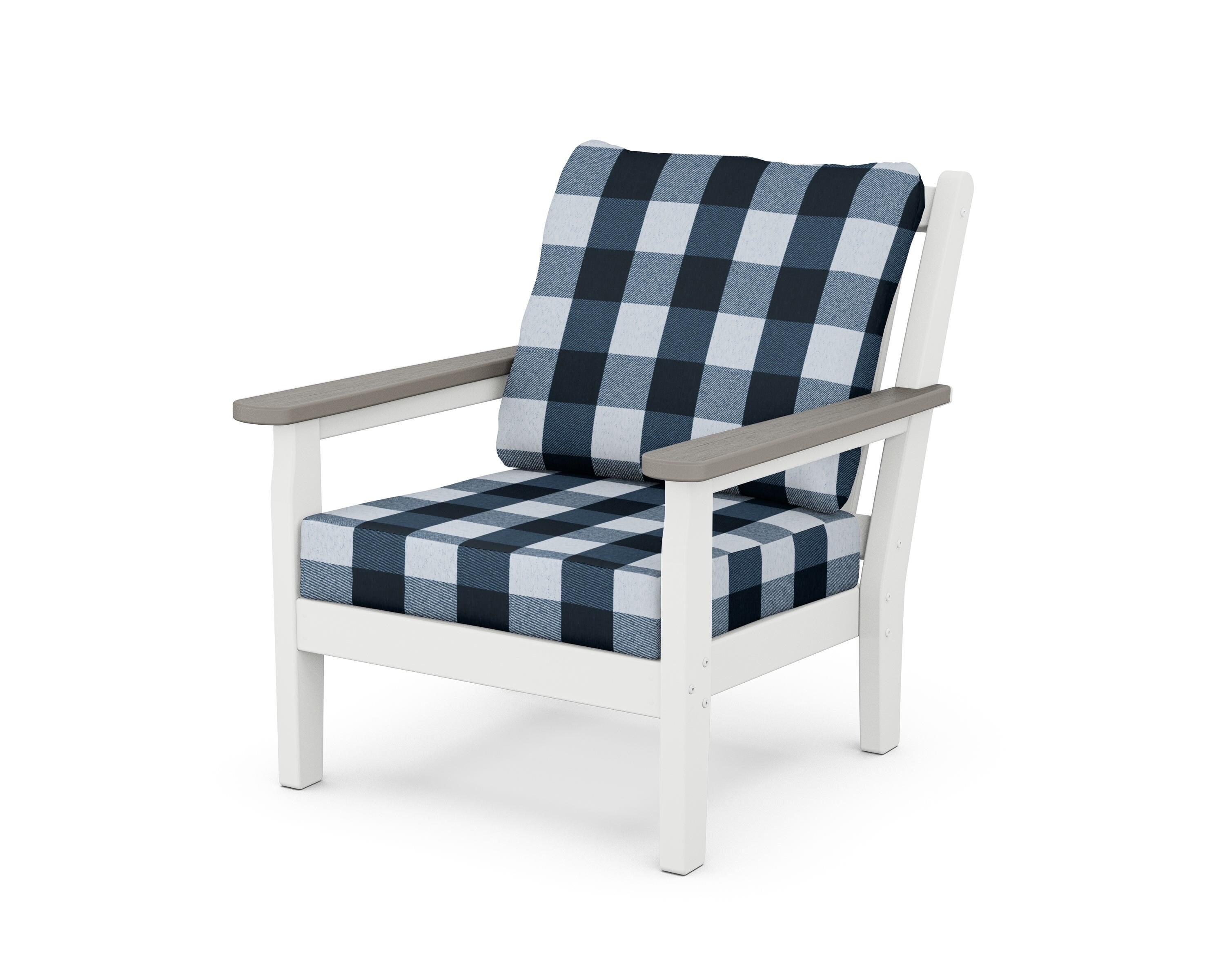 POLYWOOD® Chippendale Deep Seating Chair in White / Driftwood / Buffalo Plaid Marine Indigo