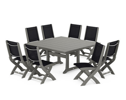 POLYWOOD® Coastal Folding Side Chair 9-Piece Farmhouse Dining Set in Slate Grey / Black Sling