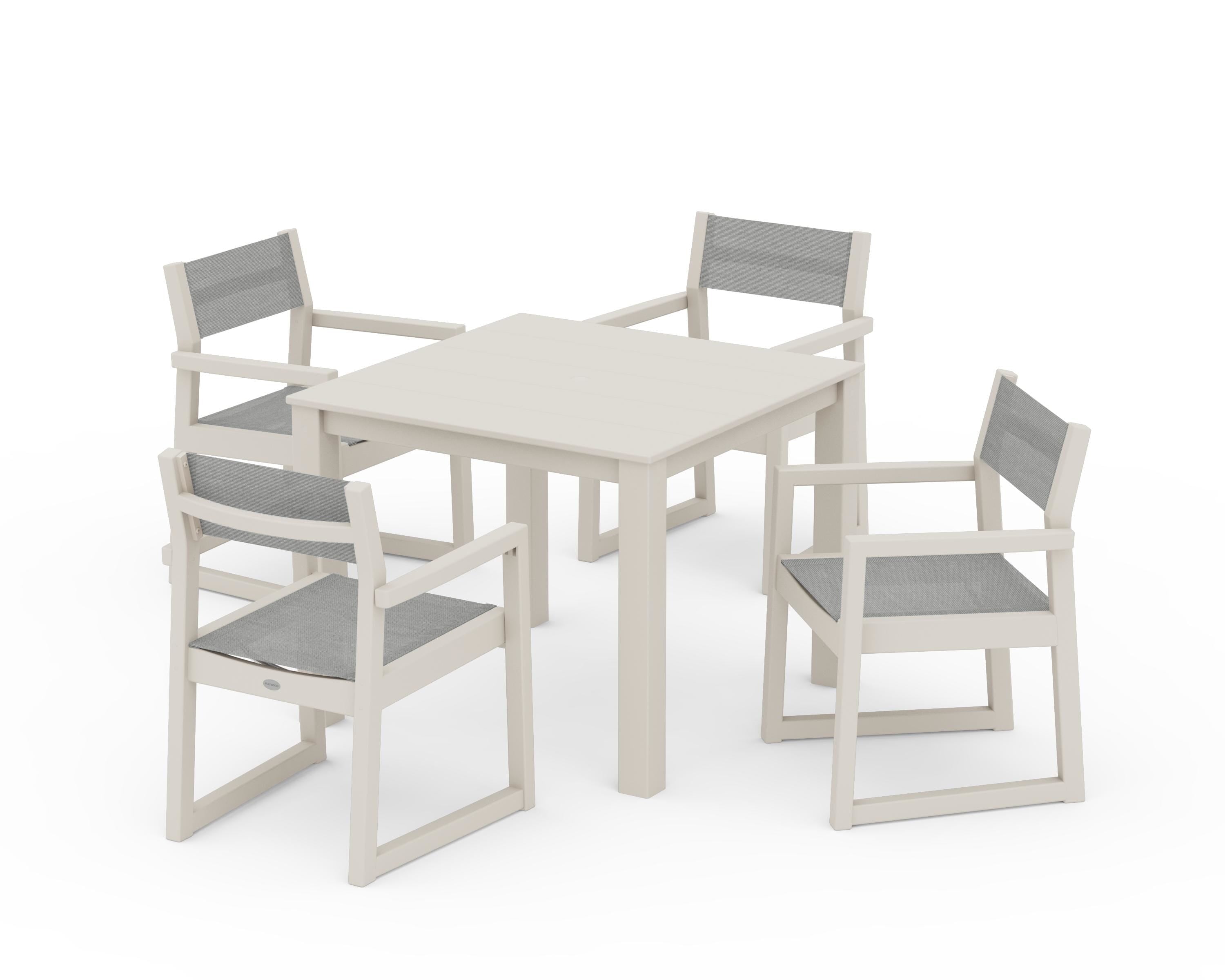 POLYWOOD® EDGE Sling Arm Chair 5-Piece Parsons Dining Set in Sand / Metallic Sling