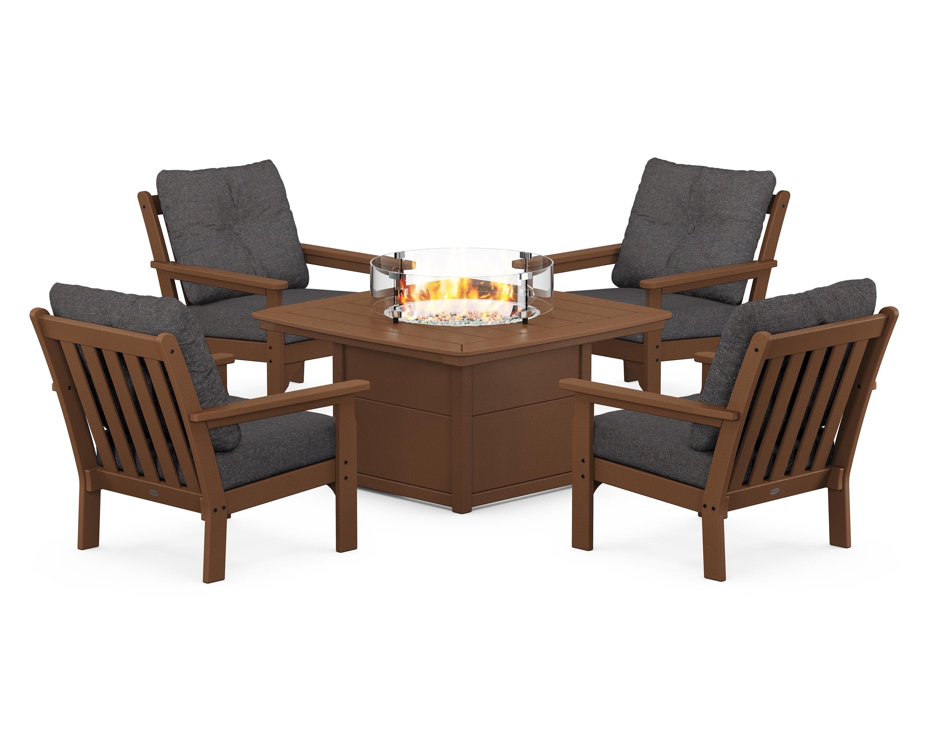 POLYWOOD® Vineyard 5-Piece Conversation Set with Fire Pit Table in Teak / Ash Charcoal