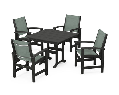 POLYWOOD® Coastal 5-Piece Farmhouse Dining Set in Black / Dupioni Sea Mist Sling