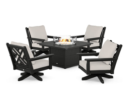 POLYWOOD® Chippendale 5-Piece Deep Seating Swivel Conversation Set with Fire Pit Table in Black / Cast Ash