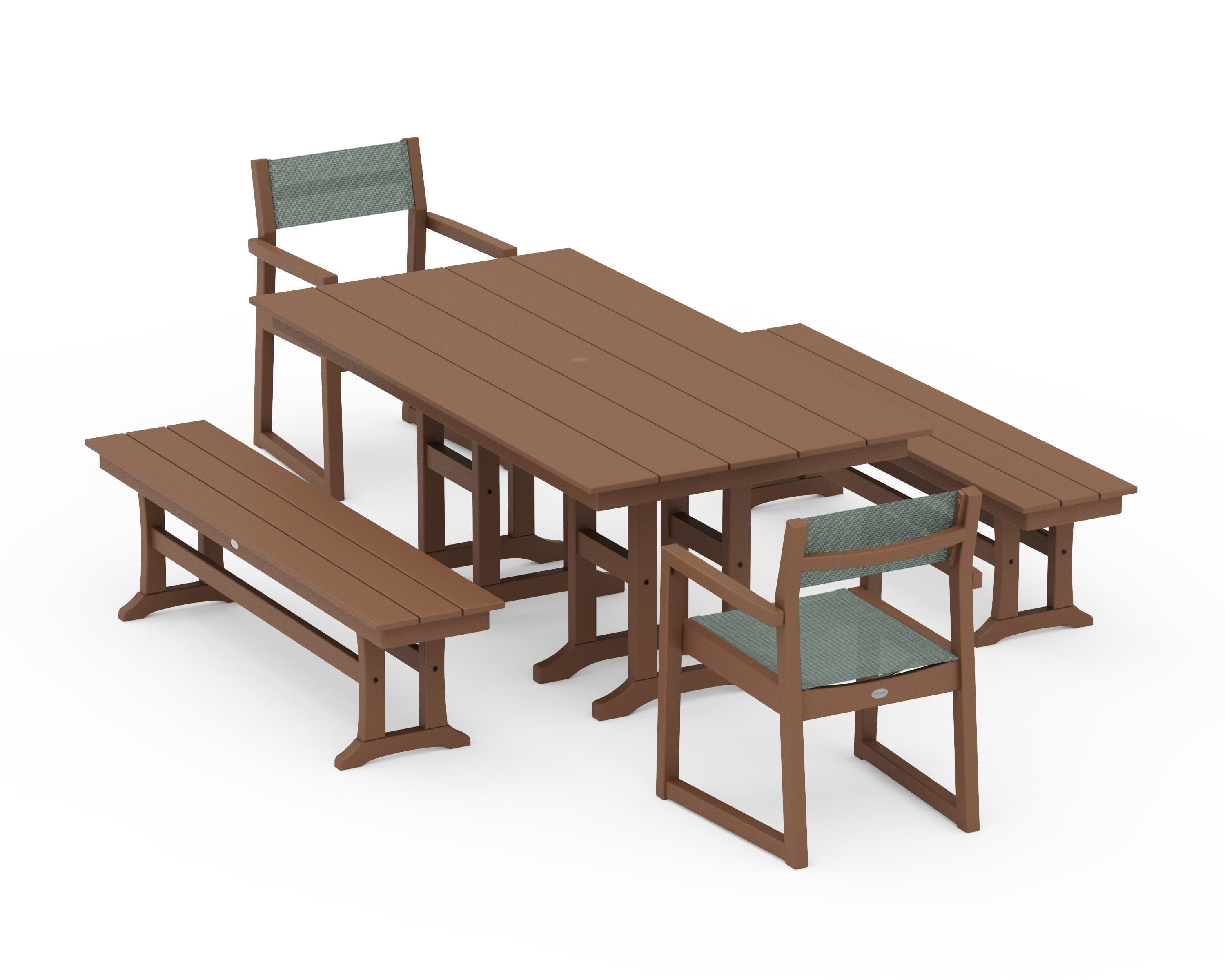 POLYWOOD® EDGE Sling Arm Chair 5-Piece Farmhouse Dining Set with Benches in Teak / Dupioni Sea Mist Sling