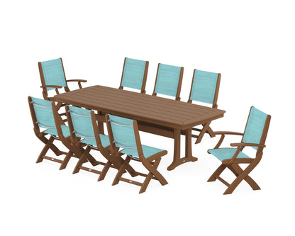 POLYWOOD® Coastal Folding 9-Piece Dining Set with Trestle Legs in Teak / Dupioni Aquamarine Sling