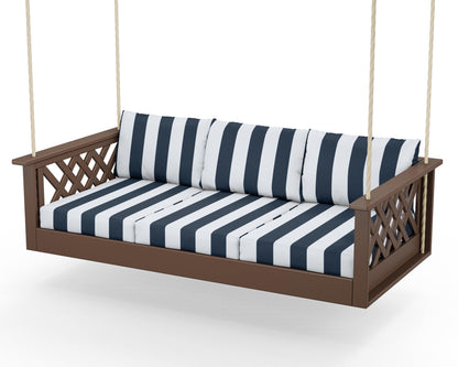 Country Living Wovendale Daybed Swing in Mahogany / Cabana Stripe Marine Indigo