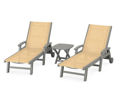 POLYWOOD® Coastal 3-Piece Wheeled Chaise Set in Slate Grey / Dupioni Apricot Sling