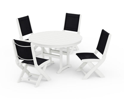 POLYWOOD® Coastal Folding Side Chair 5-Piece Round Dining Set in White / Black Sling