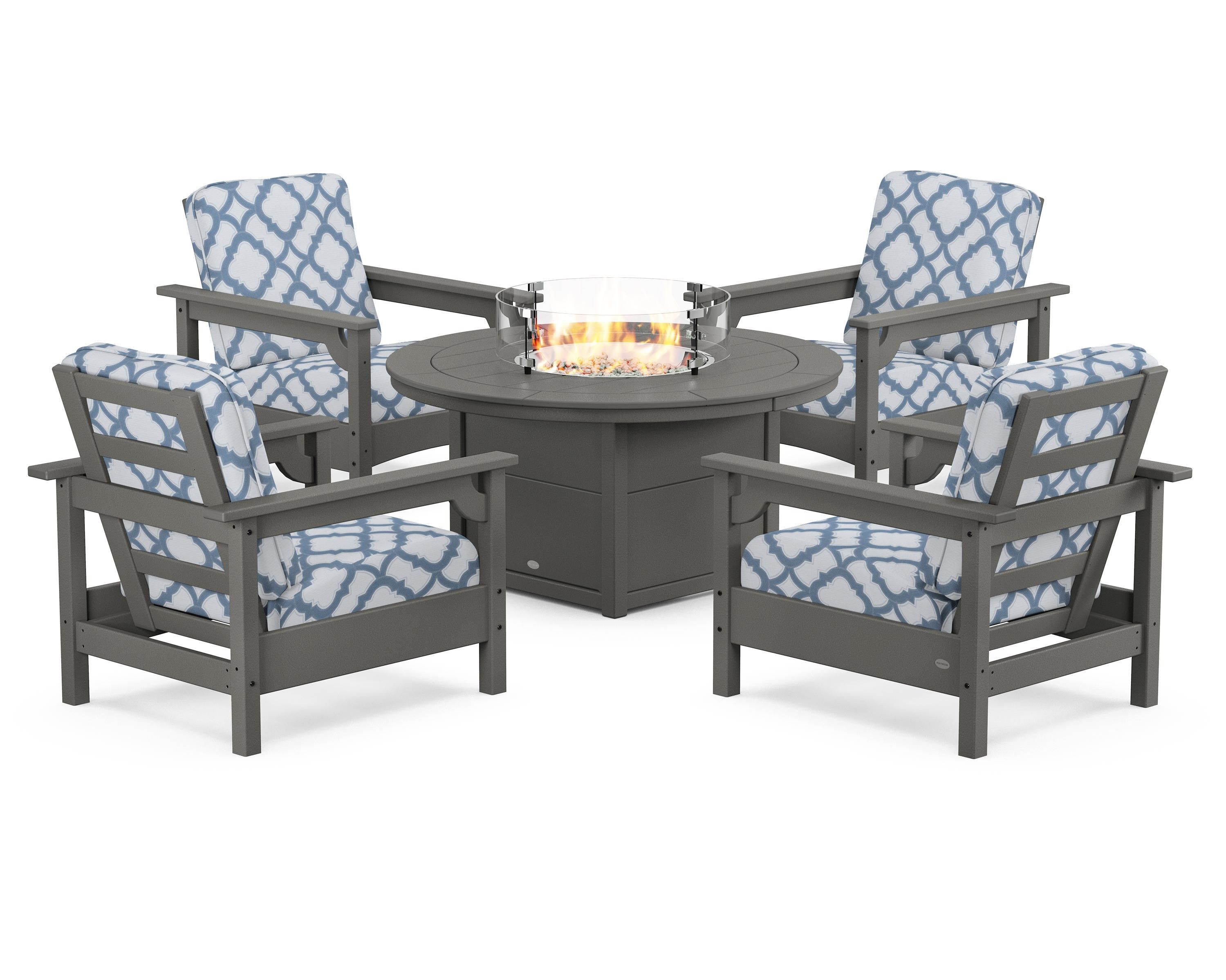 POLYWOOD® Club 5-Piece Conversation Set with Fire Pit Table in Slate Grey / Trellis Sky Blue