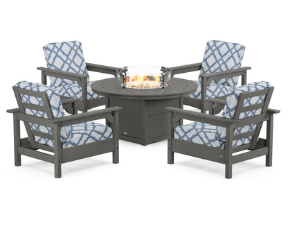 POLYWOOD® Club 5-Piece Conversation Set with Fire Pit Table in Slate Grey / Trellis Sky Blue