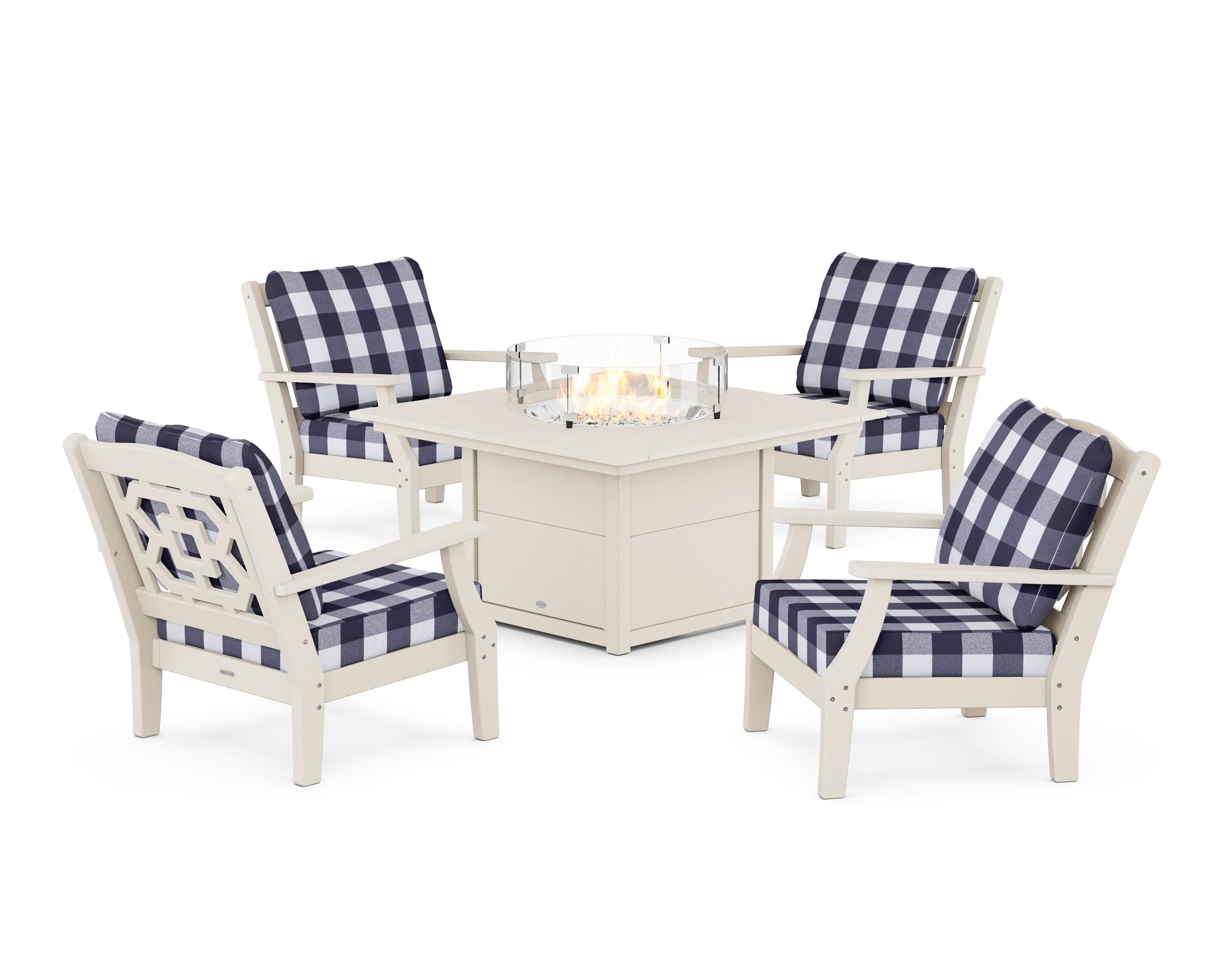 Martha Stewart by POLYWOOD® Chinoiserie 5-Piece Deep Seating Set with Fire Pit Table in Sand / Buffalo Plaid Navy