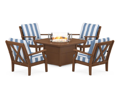 POLYWOOD® Braxton 5-Piece Deep Seating Conversation Set with Fire Pit Table in Teak / Cabana Stripe Sky Blue