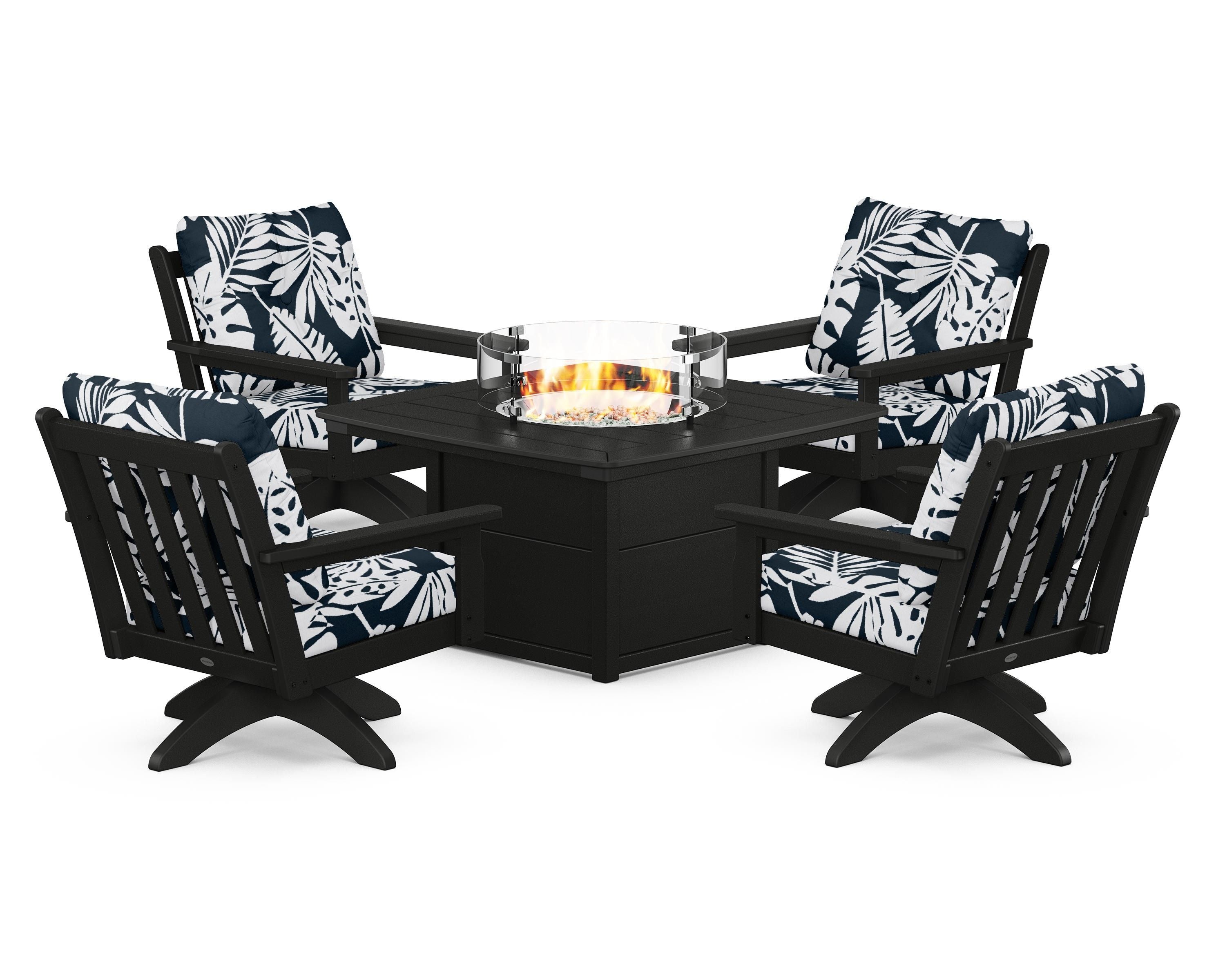 POLYWOOD® Vineyard 5-Piece Deep Seating Swivel Conversation Set with Fire Pit Table in Black / Leaf Marine Indigo