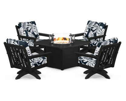 POLYWOOD® Vineyard 5-Piece Deep Seating Swivel Conversation Set with Fire Pit Table in Black / Leaf Marine Indigo
