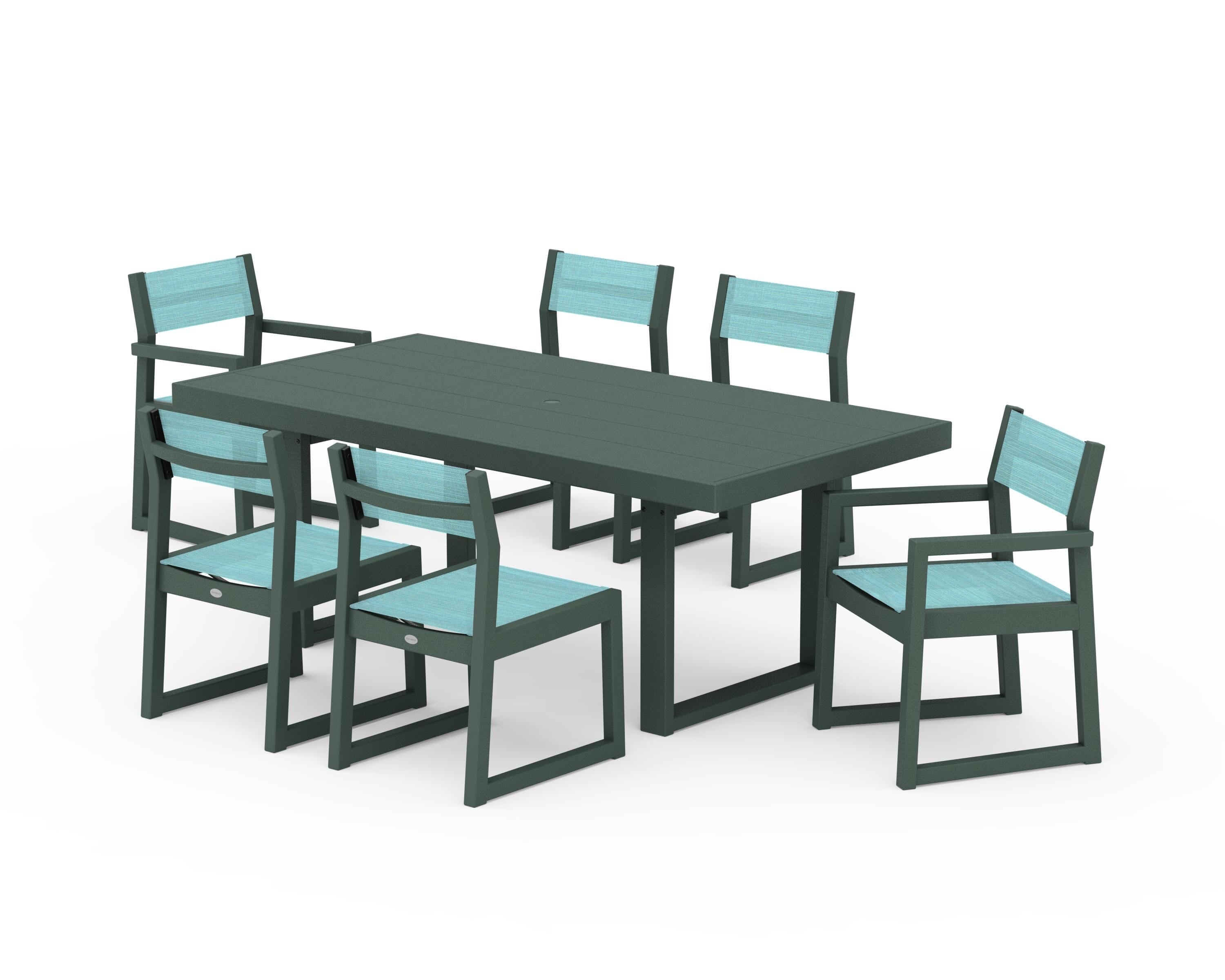 POLYWOOD® EDGE Sling 7-Piece Dining Set in Green / Dupioni Aquamarine Sling