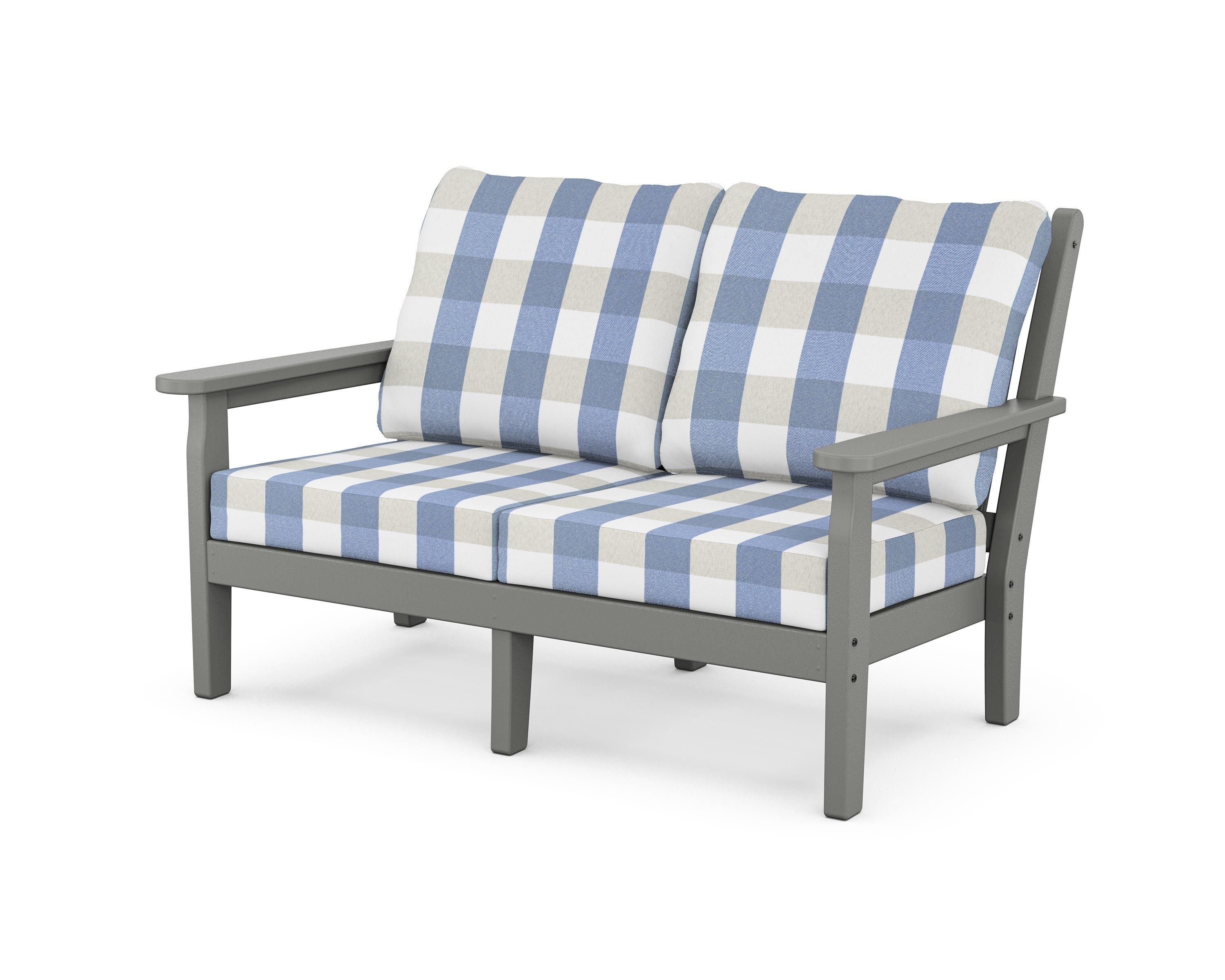 POLYWOOD® Chippendale Deep Seating Loveseat in Slate Grey / Buffalo Plaid Sky Blue