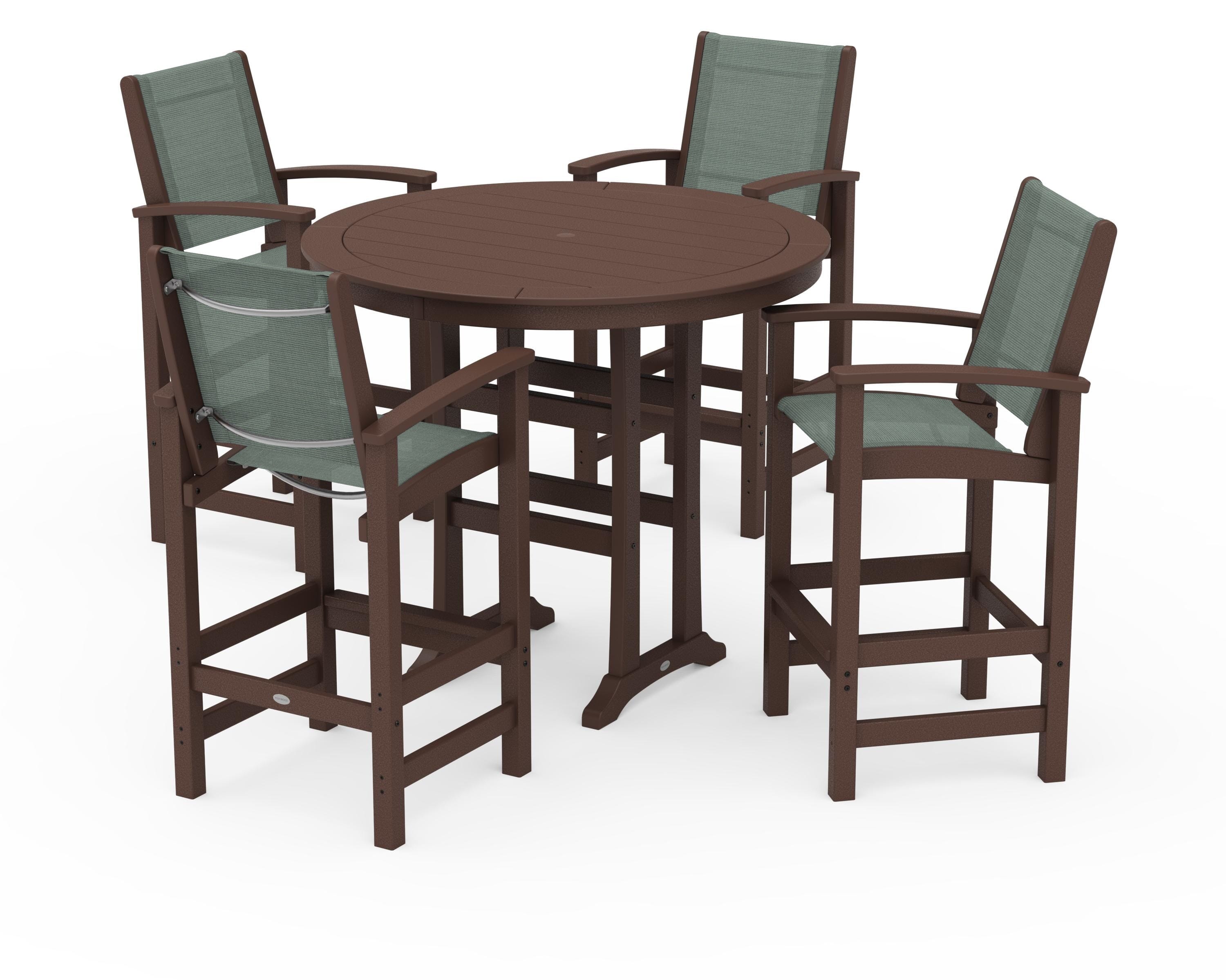 POLYWOOD® Coastal 5-Piece Nautical Trestle Bar Set in Mahogany / Dupioni Sea Mist Sling