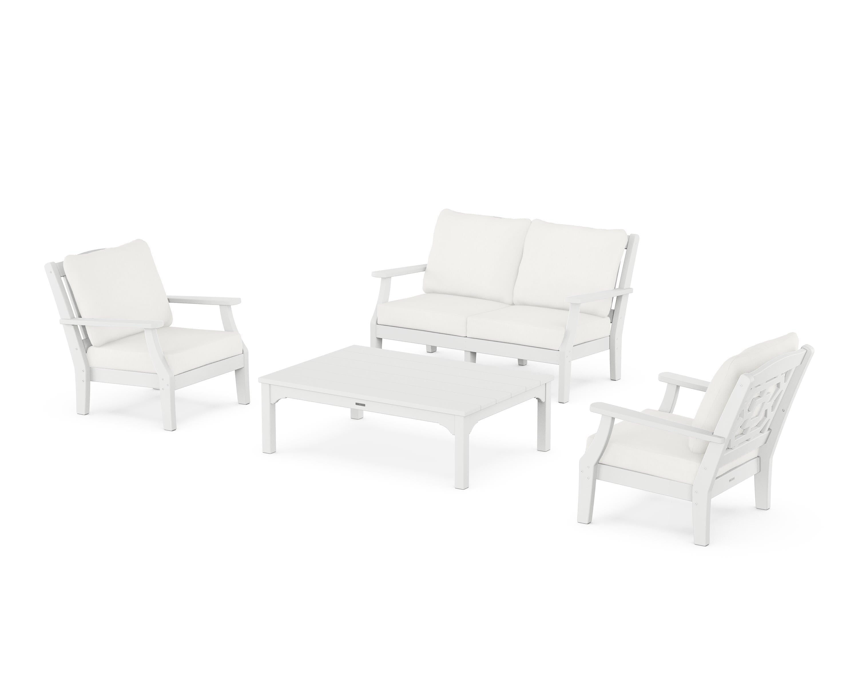 Martha Stewart by POLYWOOD® Chinoiserie 4-Piece Deep Seating Set with Loveseat in White / Natural Linen