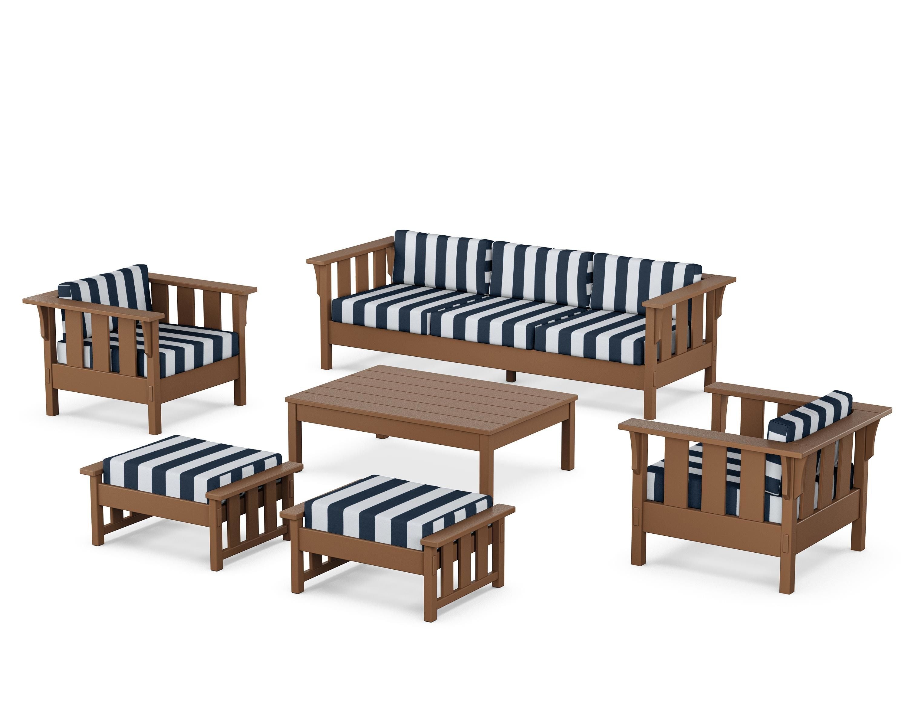 Martha Stewart by POLYWOOD® Acadia 6-Piece Lounge Sofa Set in Teak / Cabana Stripe Marine Indigo