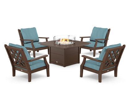 Country Living Wovendale 5-Piece Deep Seating Set with Fire Pit Table in Mahogany / Lattice Sky Blue