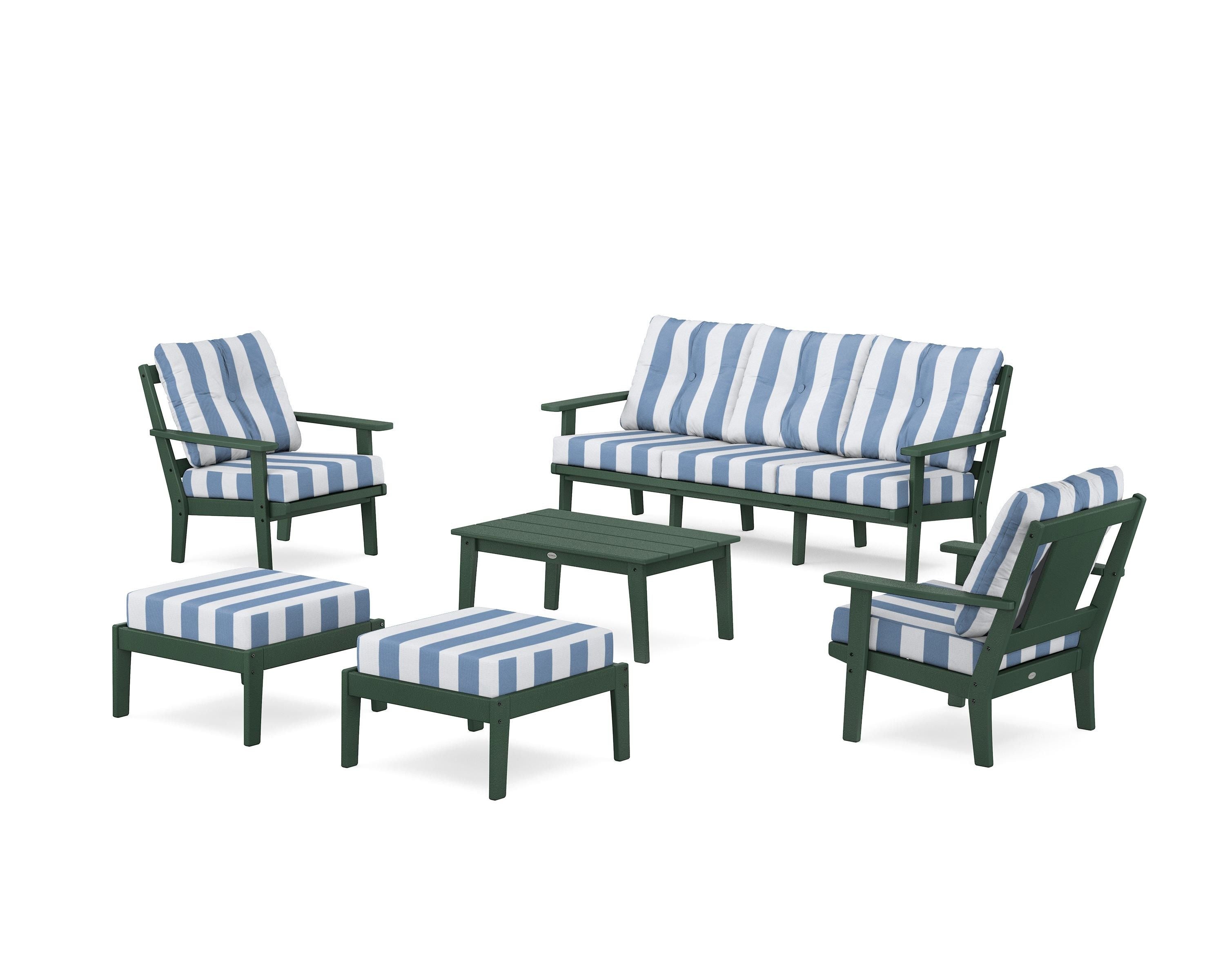 POLYWOOD® Prairie 6-Piece Lounge Sofa Set in Green / Cabana Stripe Sky Blue