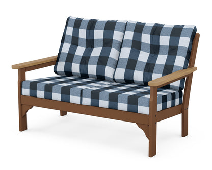 POLYWOOD® Vineyard Deep Seating Loveseat in Teak / Natural / Buffalo Plaid Marine Indigo