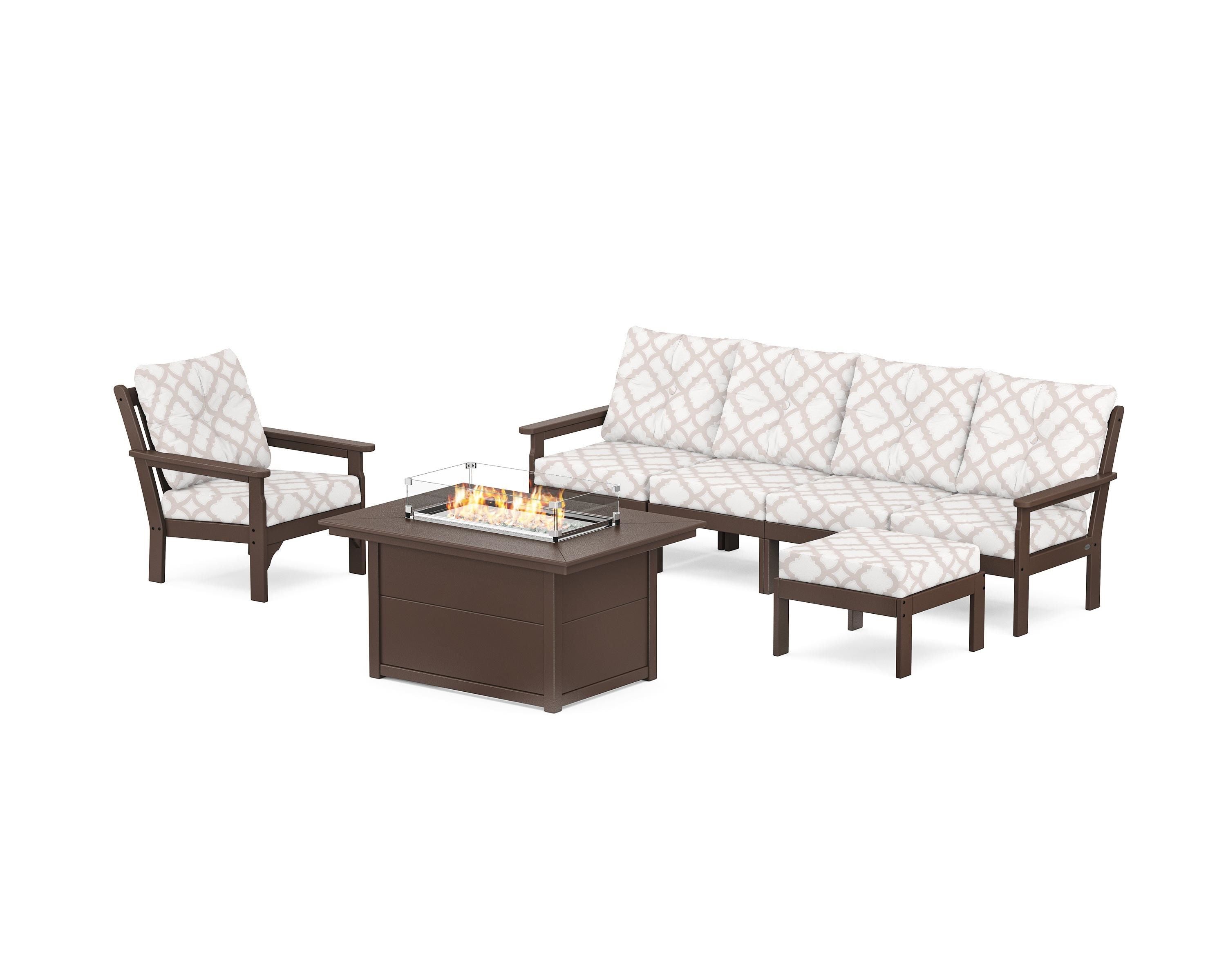 POLYWOOD® Vineyard Sectional Lounge and Fire Pit Set in Mahogany / Trellis Dune Burlap